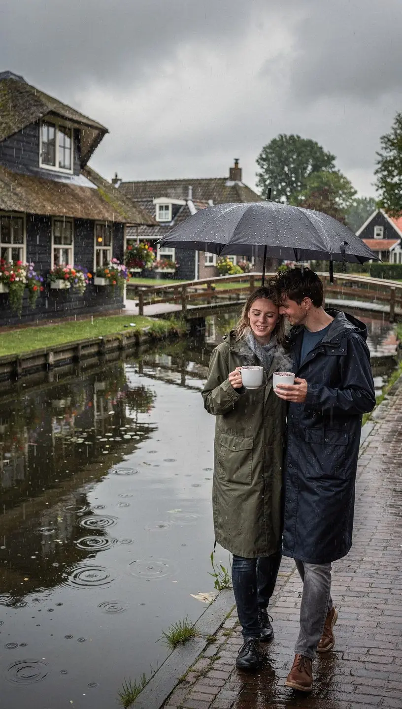 Een groepslunch aan boord van een boot met uitzicht op de typische Nederlandse huizen.