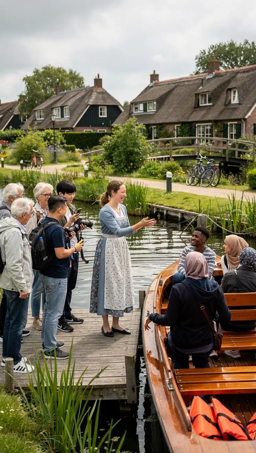 Toeristen die genieten van een rondleiding door de charmante straten van Giethoorn.